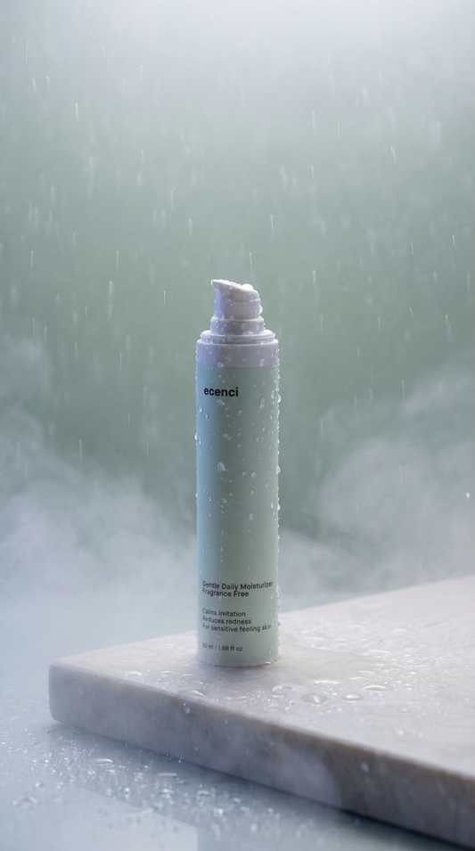 Consistent skincare shelf in natural light showing a simple and repeatable routine