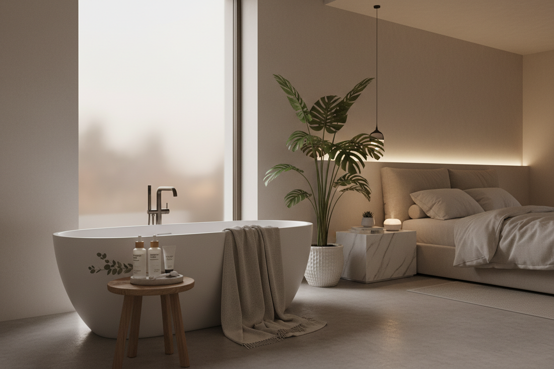 Minimal indoor bathroom scene with soft evening light reflecting a calm skincare routine environment