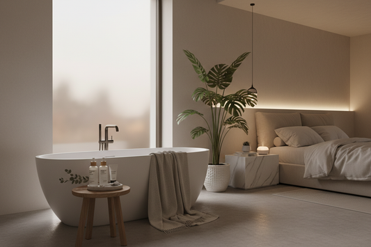 Minimal indoor bathroom scene with soft evening light reflecting a calm skincare routine environment