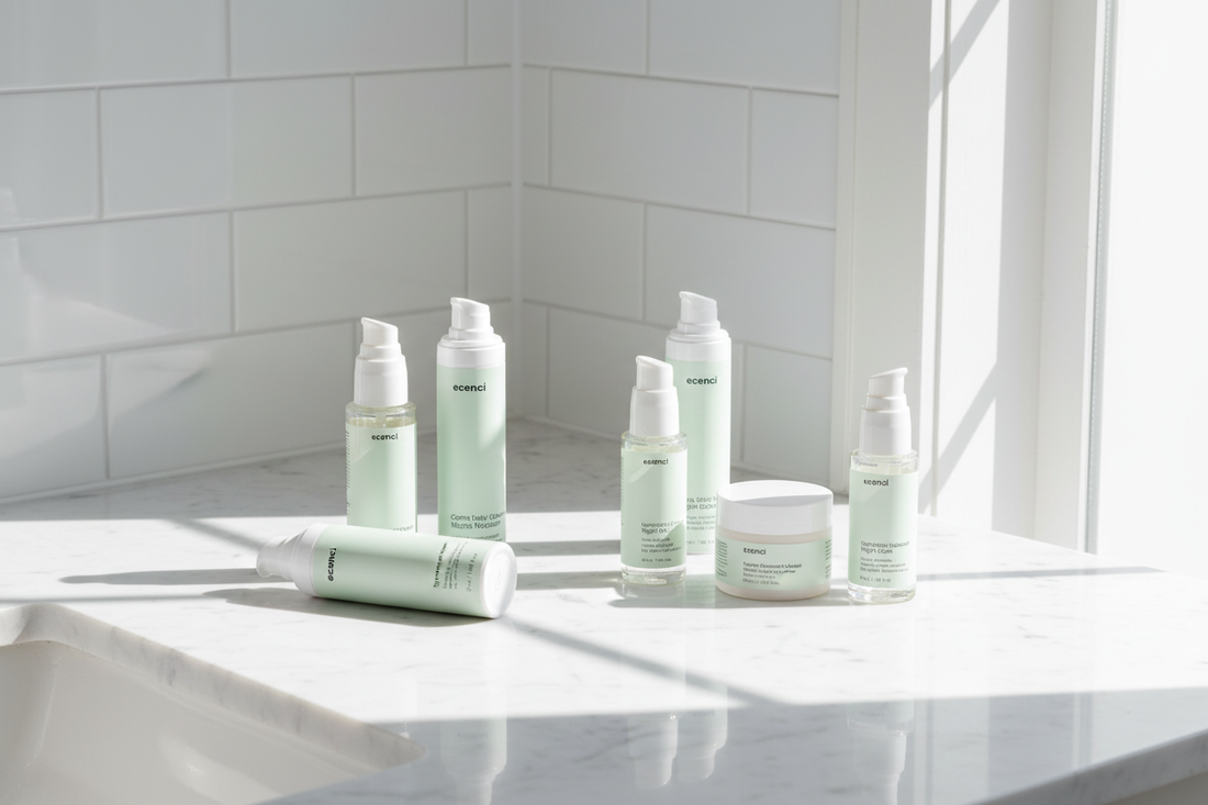 Minimal skincare items arranged on a clean vanity emphasizing simplicity and space