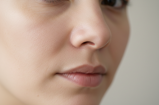 Close up of natural skin texture under soft light showing calm and even appearance