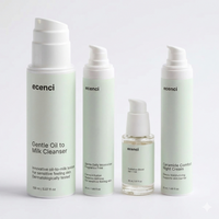 Four skincare bottles from ecenci on a light gray background