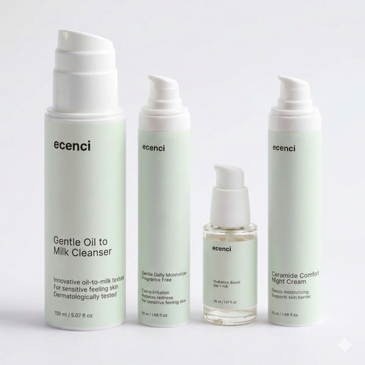 Four skincare bottles from ecenci on a light gray background