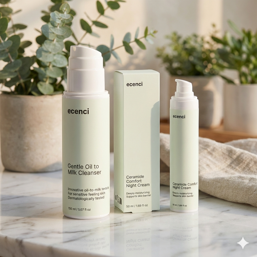 Skincare products from ecenci on a marble surface with plants in the background