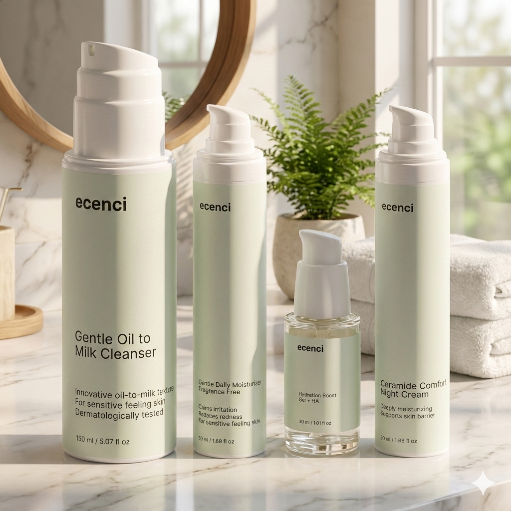 ecenci skincare products on a marble surface with a blurred background