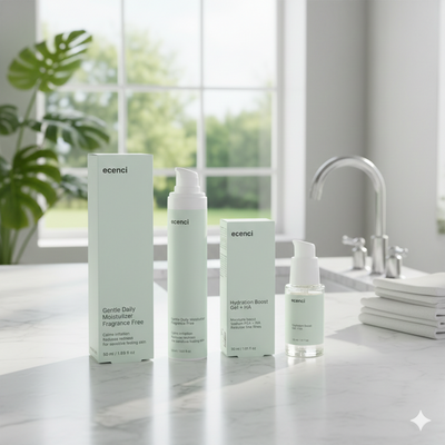 Cosmetic products on a bathroom counter with a window and plant in the background