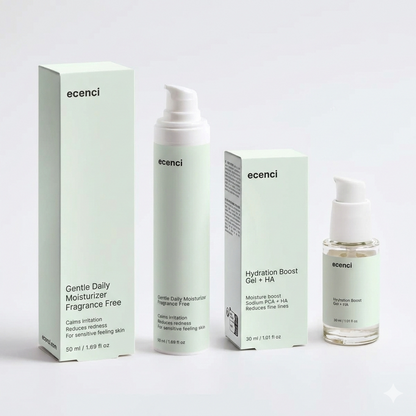 Skincare products with 'ecenci' branding on a light gray background