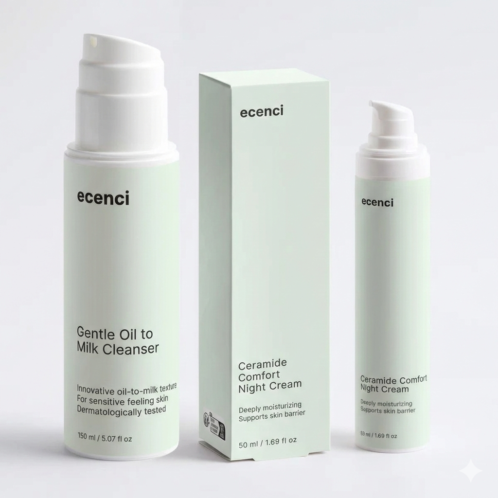Two bottles of ecenci skincare products on a white background